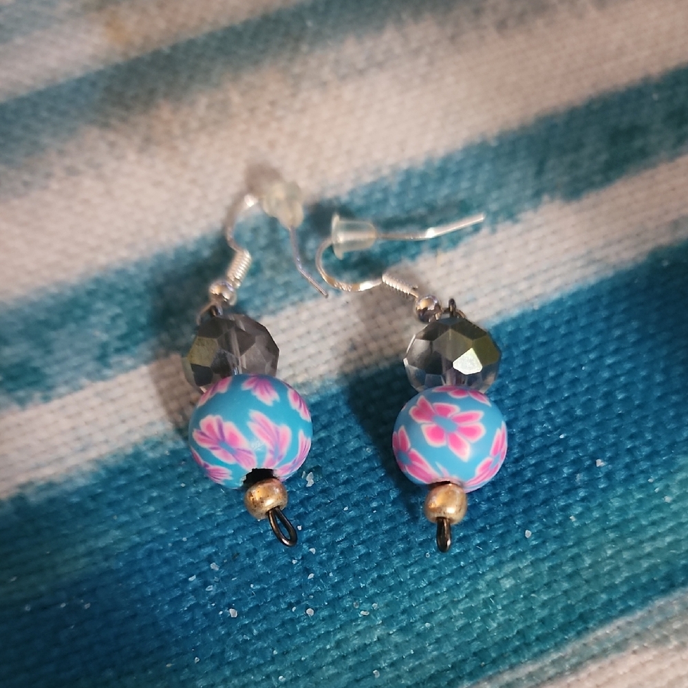 Floral Blue and Silver Earrings